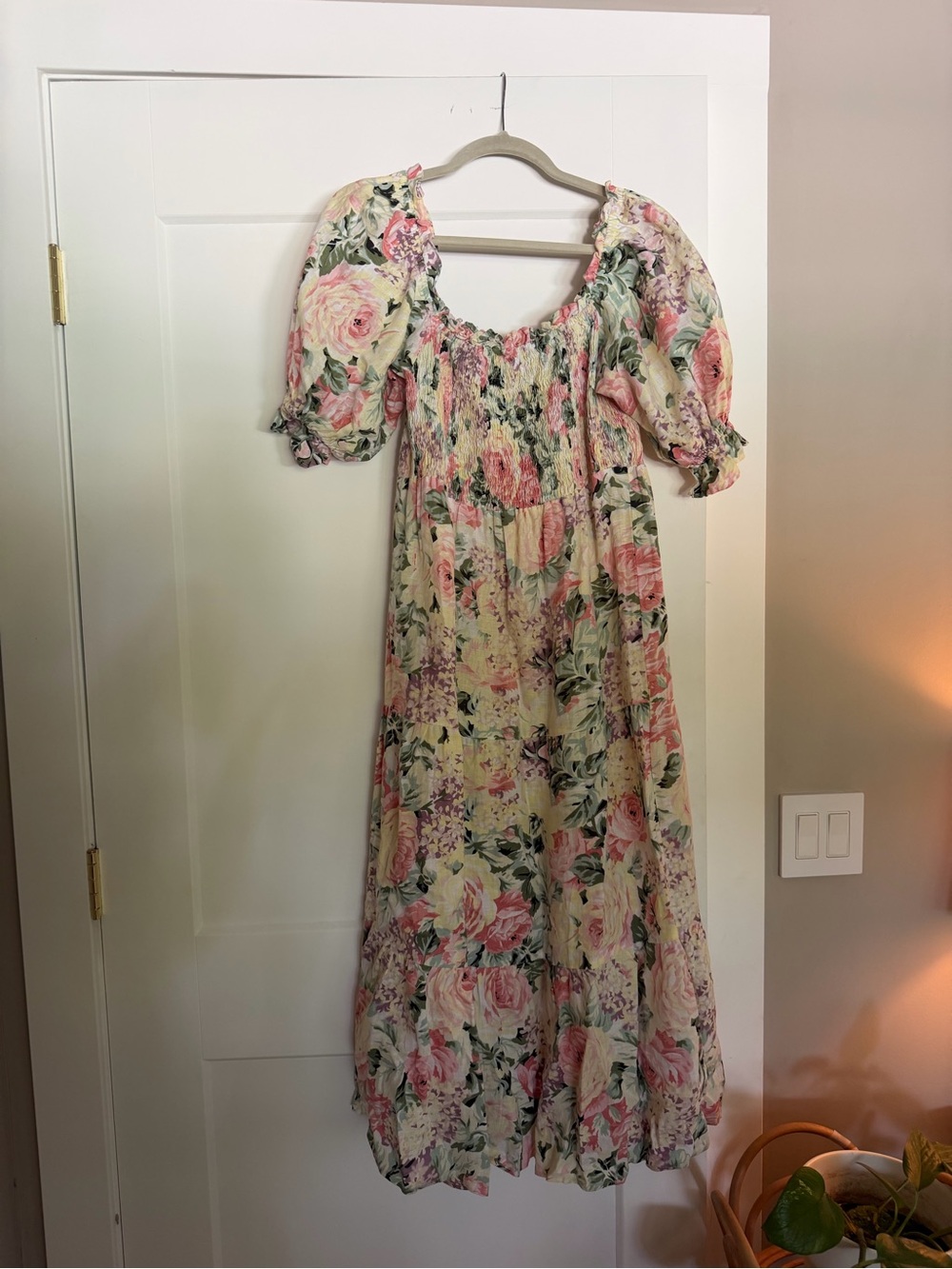 Faithfull the Brand Floral Smocked Maxi Dress in Cream, Pink, Green